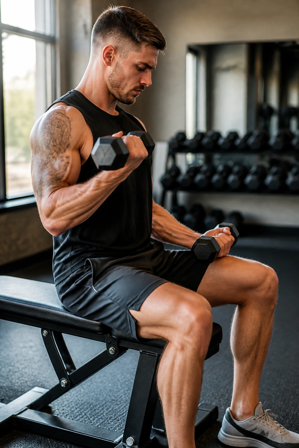 Real person performing 21s dumbbell curls showing full bottom, middle, and top segments.