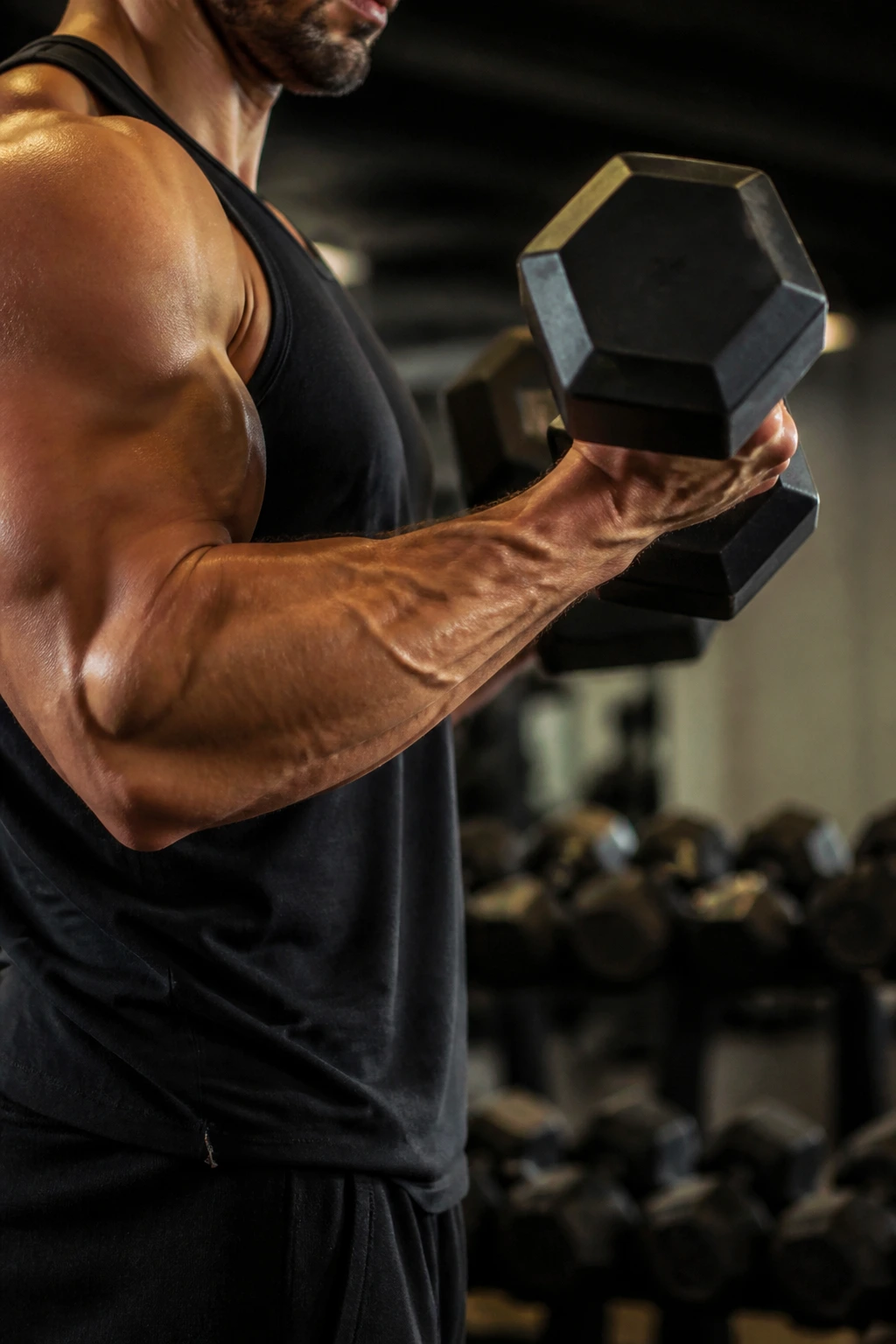 Close-up of a lifter's biceps and forearms performing a curl with dumbbells in a gym