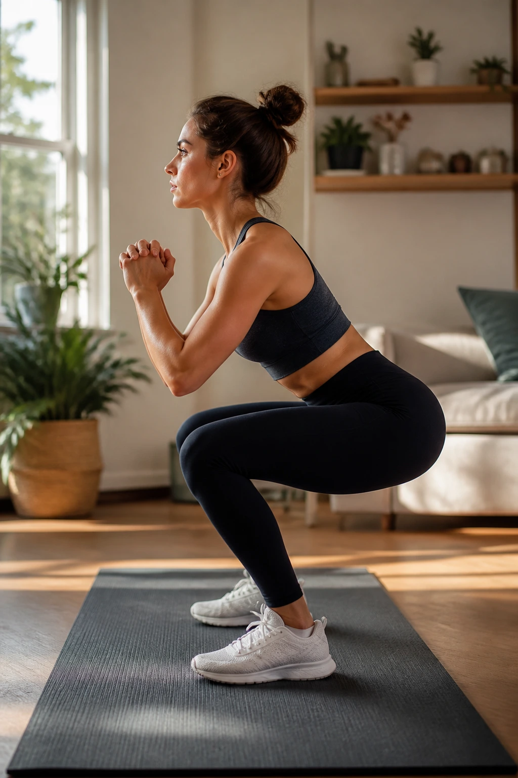 Side view of a person performing a squat in a home gym demonstrating varied squat ranges