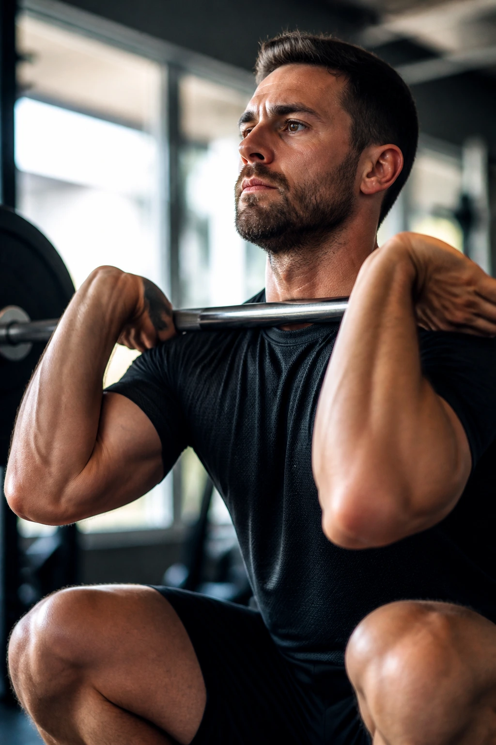 Close-up of lifter performing front squat in gym to represent 30-minute plan