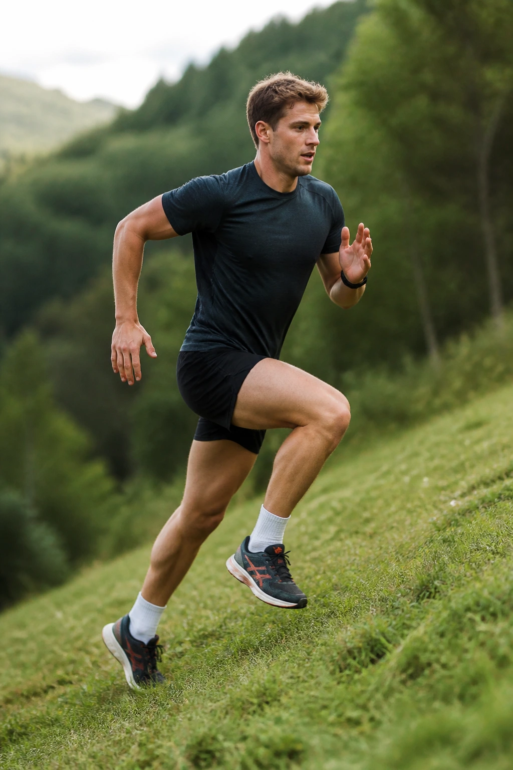 Runner performing 30/30 uphill intervals on a grassy hill