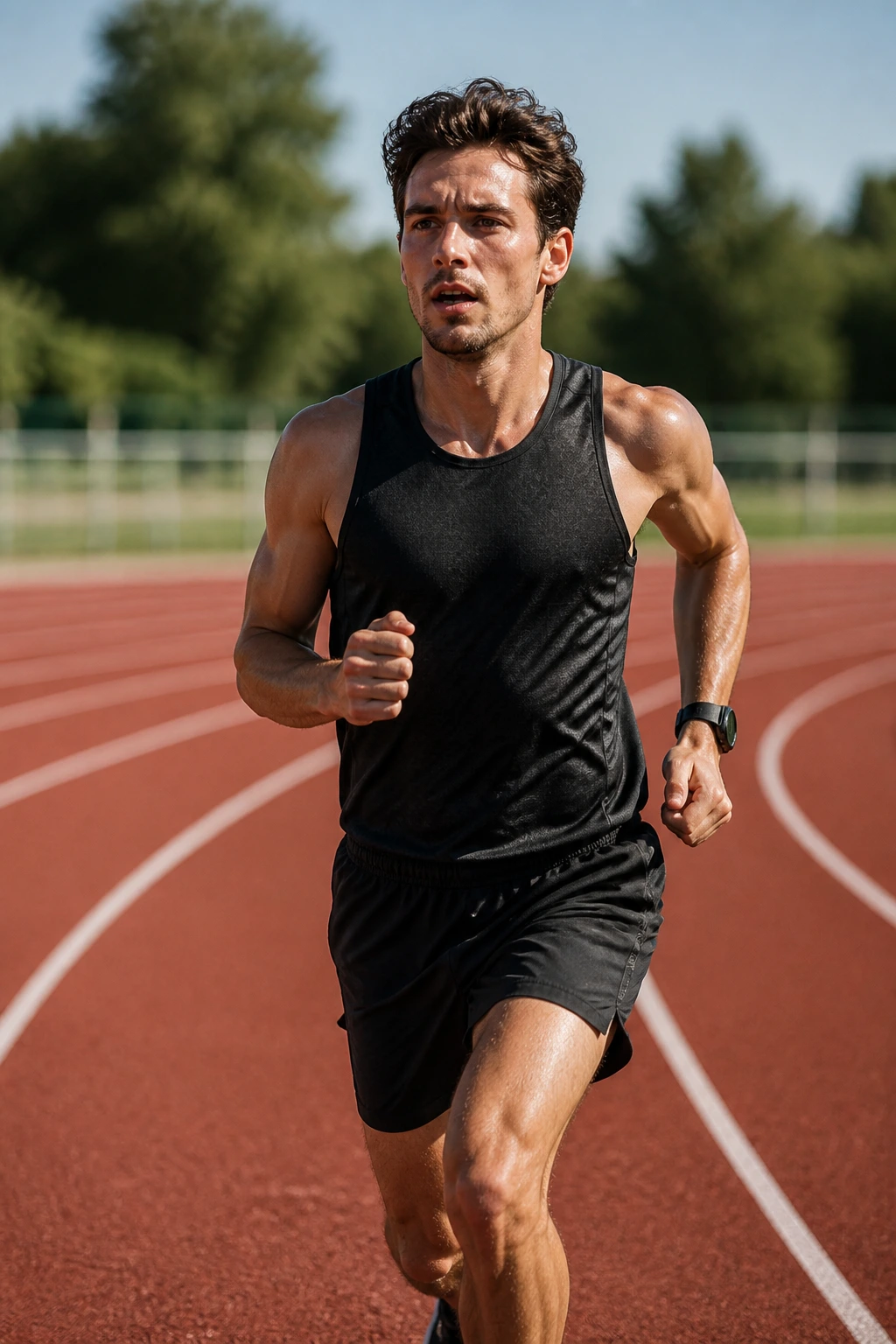 Runner on track doing 400m repeats with even splits and controlled breathing.