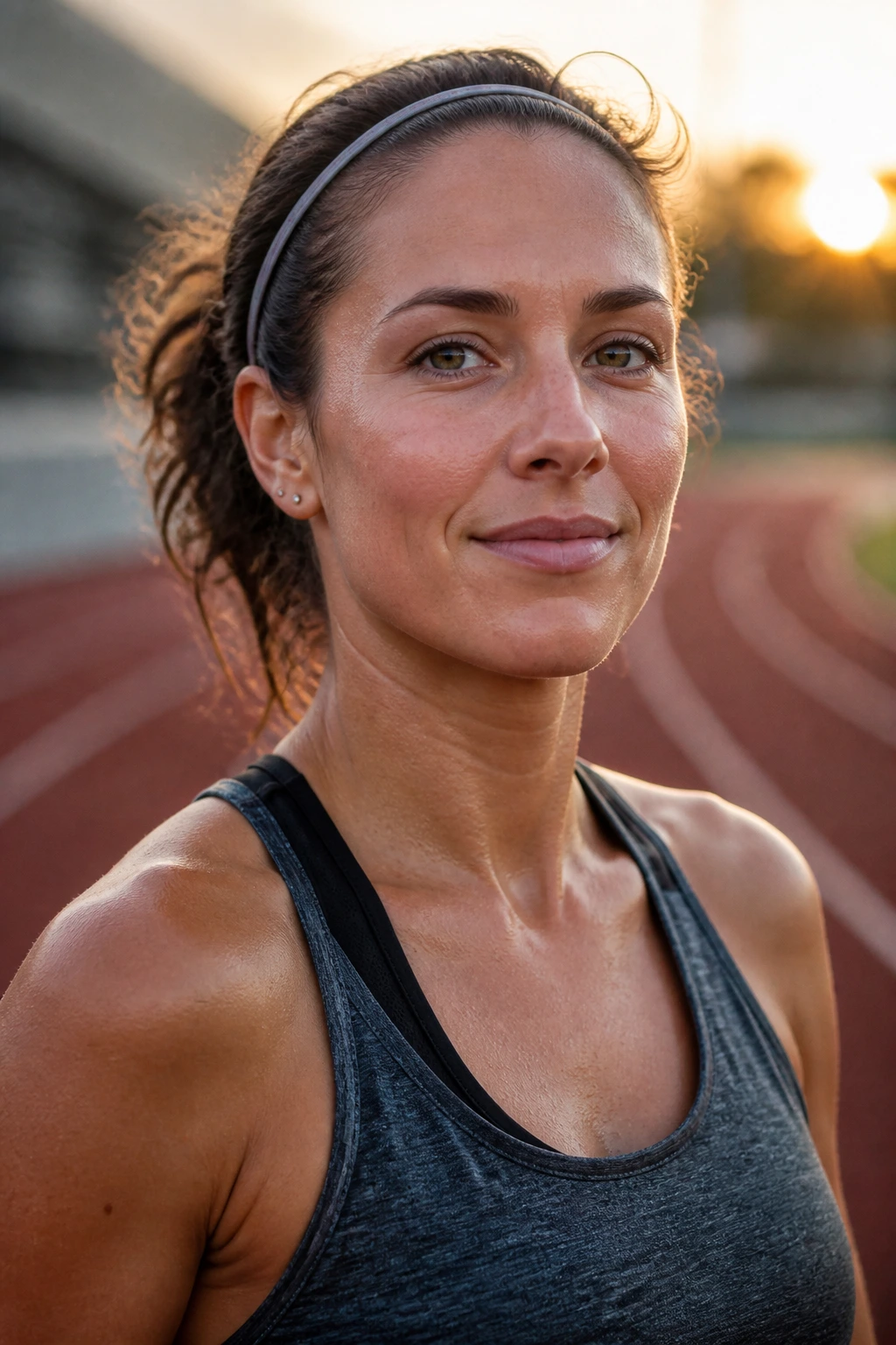 Close-up portrait of a runner after a run on a track with calm demeanor.