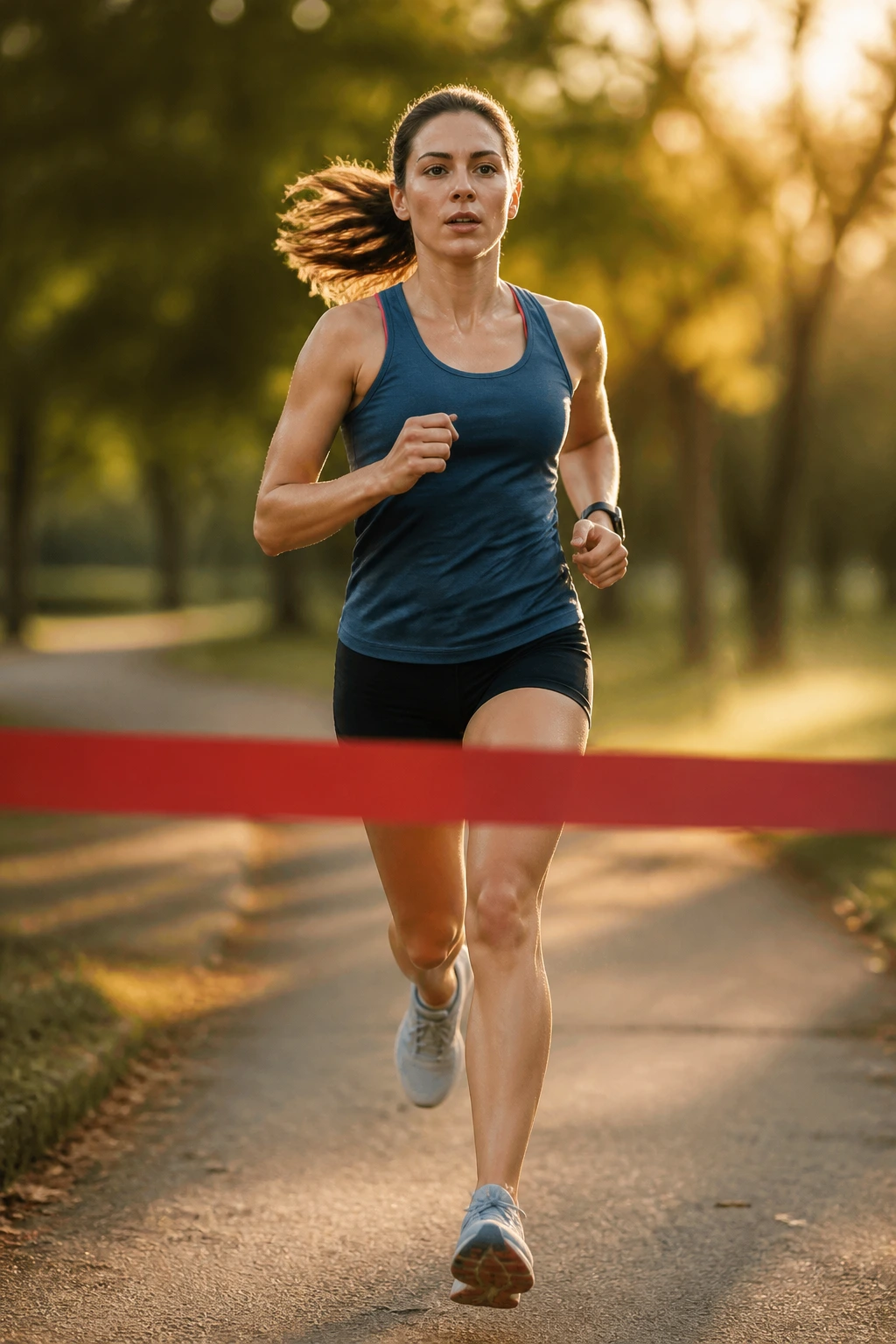 Runner finishing a run on a park path with a determined expression