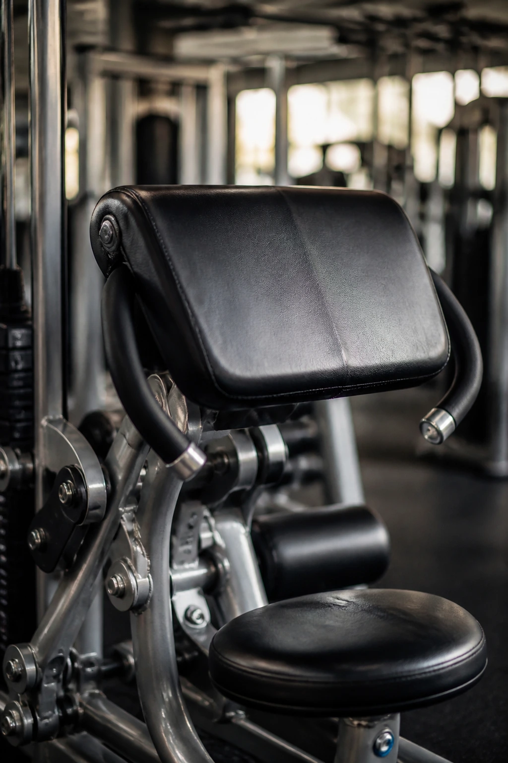 Close-up of ab crunch machine pad in gym setting