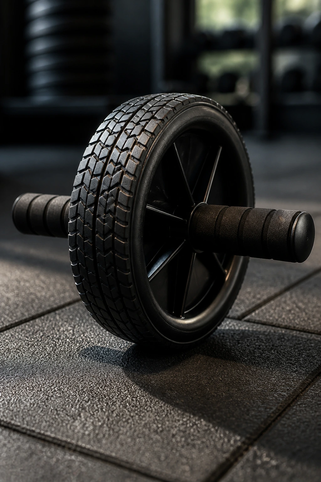 Close-up of ab wheel with textured wheel and handles on gym floor