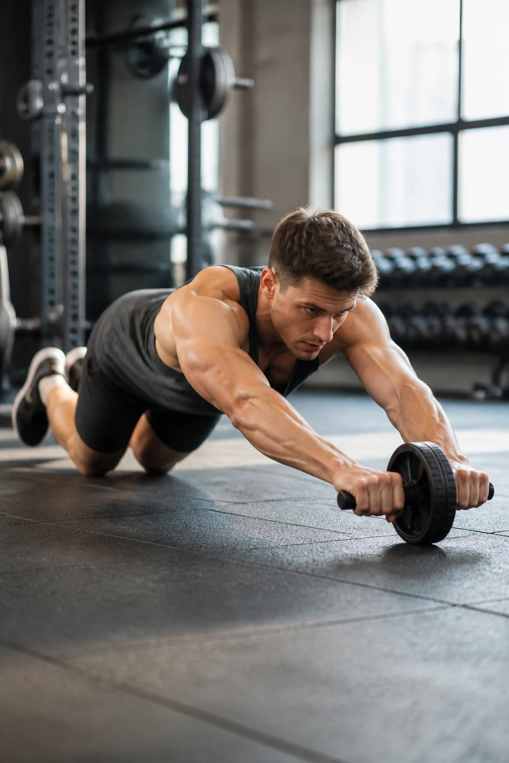 Close-up of a person performing an ab wheel rollout with strong core engagement.