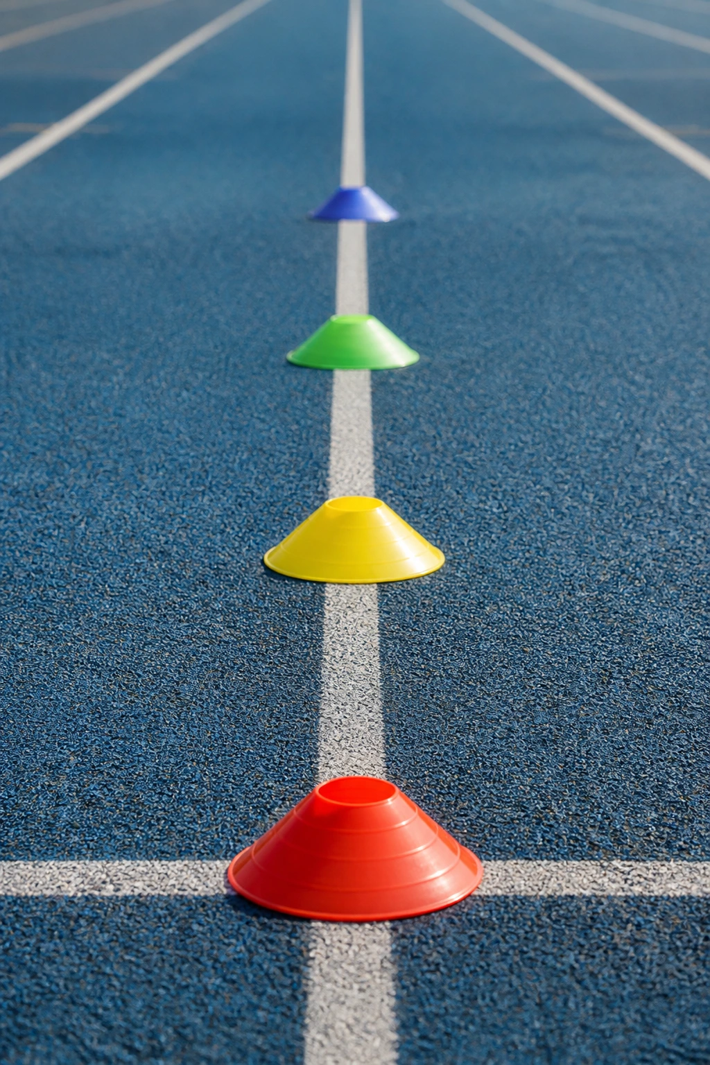 Row of four color-coded cones spaced along a track representing acceleration ladder