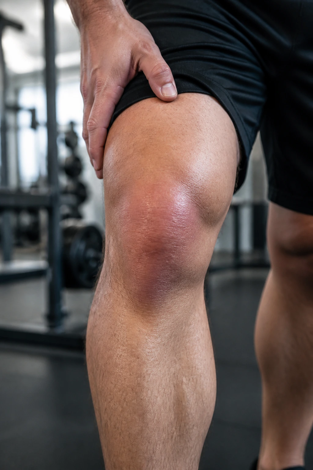 Knee close-up showing swelling suggesting ACL tear in clinical setting