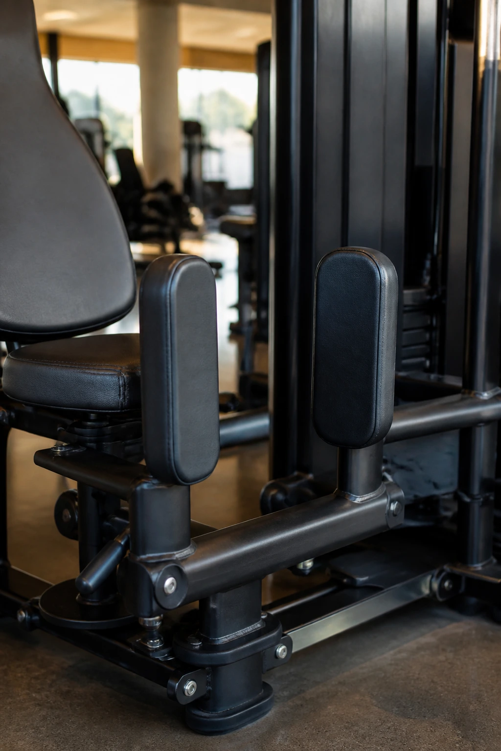 Close-up of adductor machine inner thigh pads in gym
