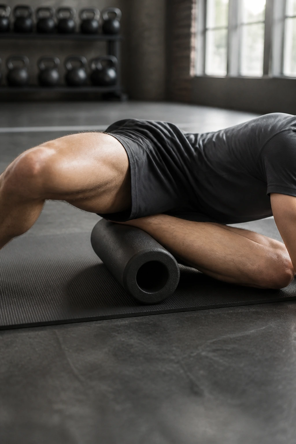 Inner thighs being foam rolled with the leg bent at 90 degrees