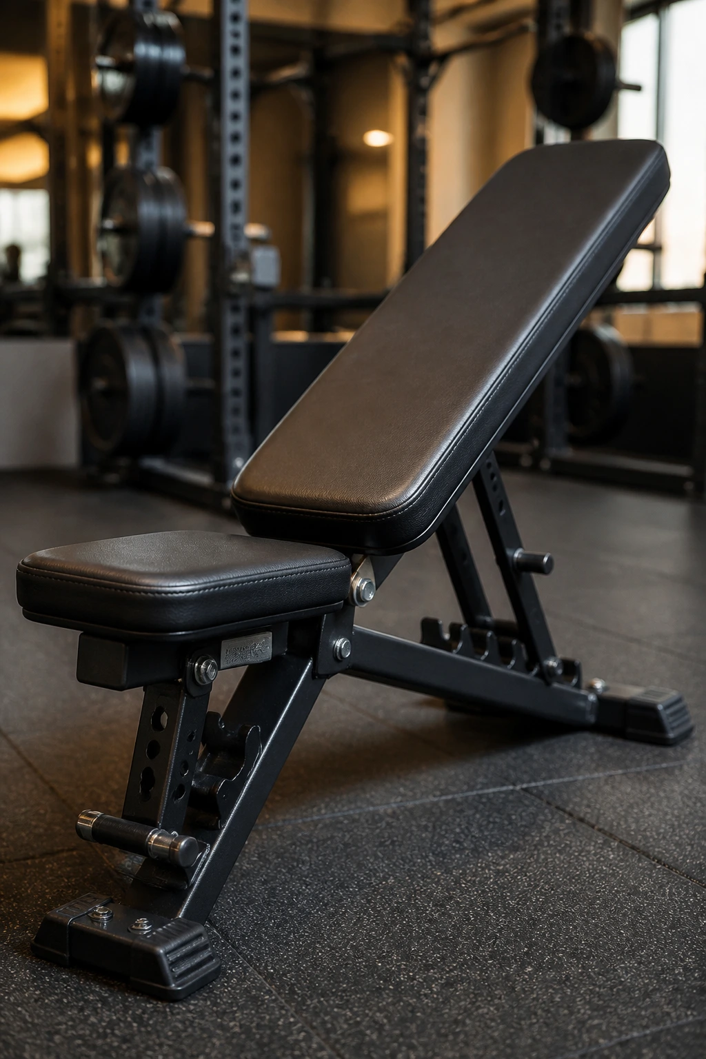 Close-up of an adjustable incline bench in gym.