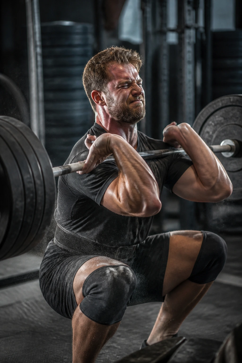 Medium close-up of a lifter performing heavy front squats in a gym
