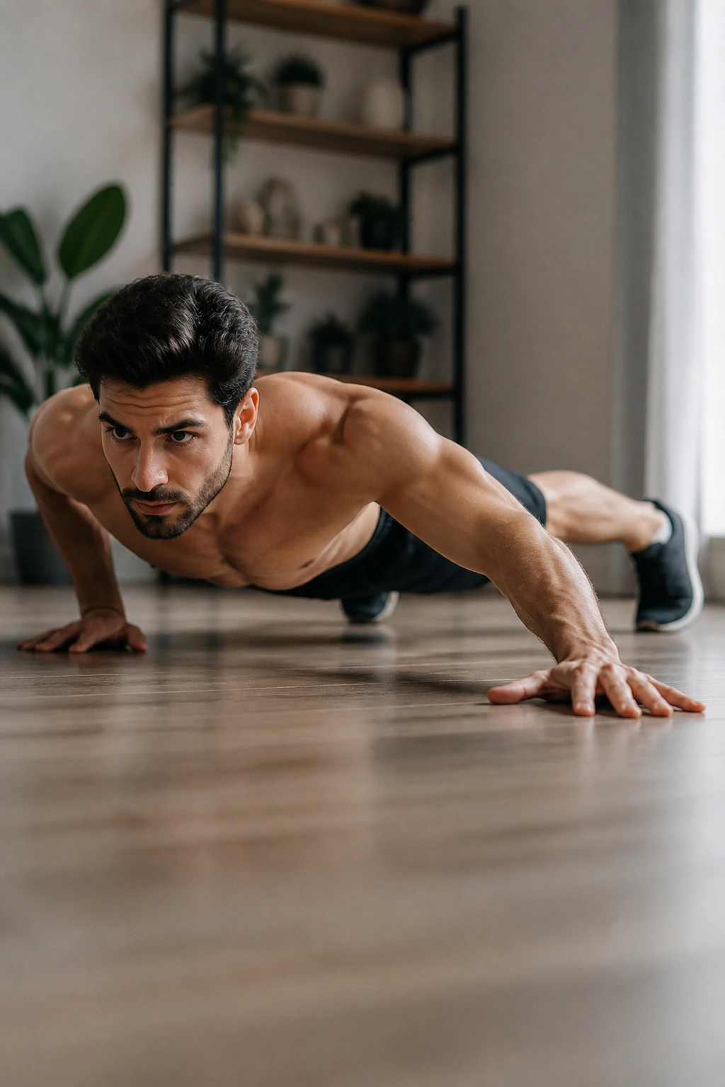Close-up of a person performing an archer push-up in a home gym