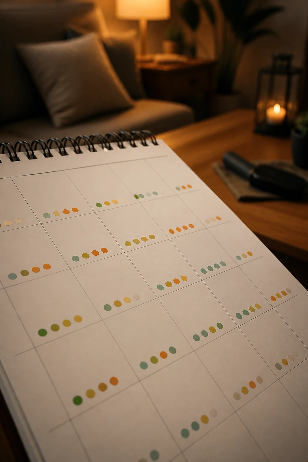 Calendar with energy level dots in a cozy living room setting