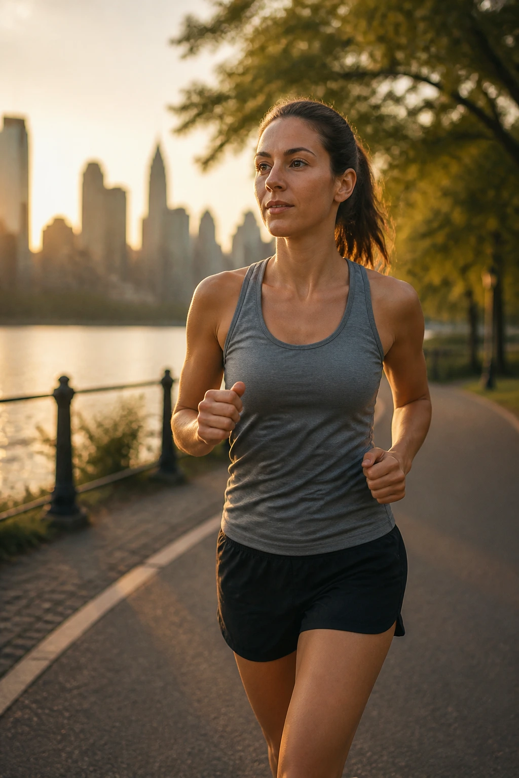 Medium shot of a person jogging on a city park path during golden hour