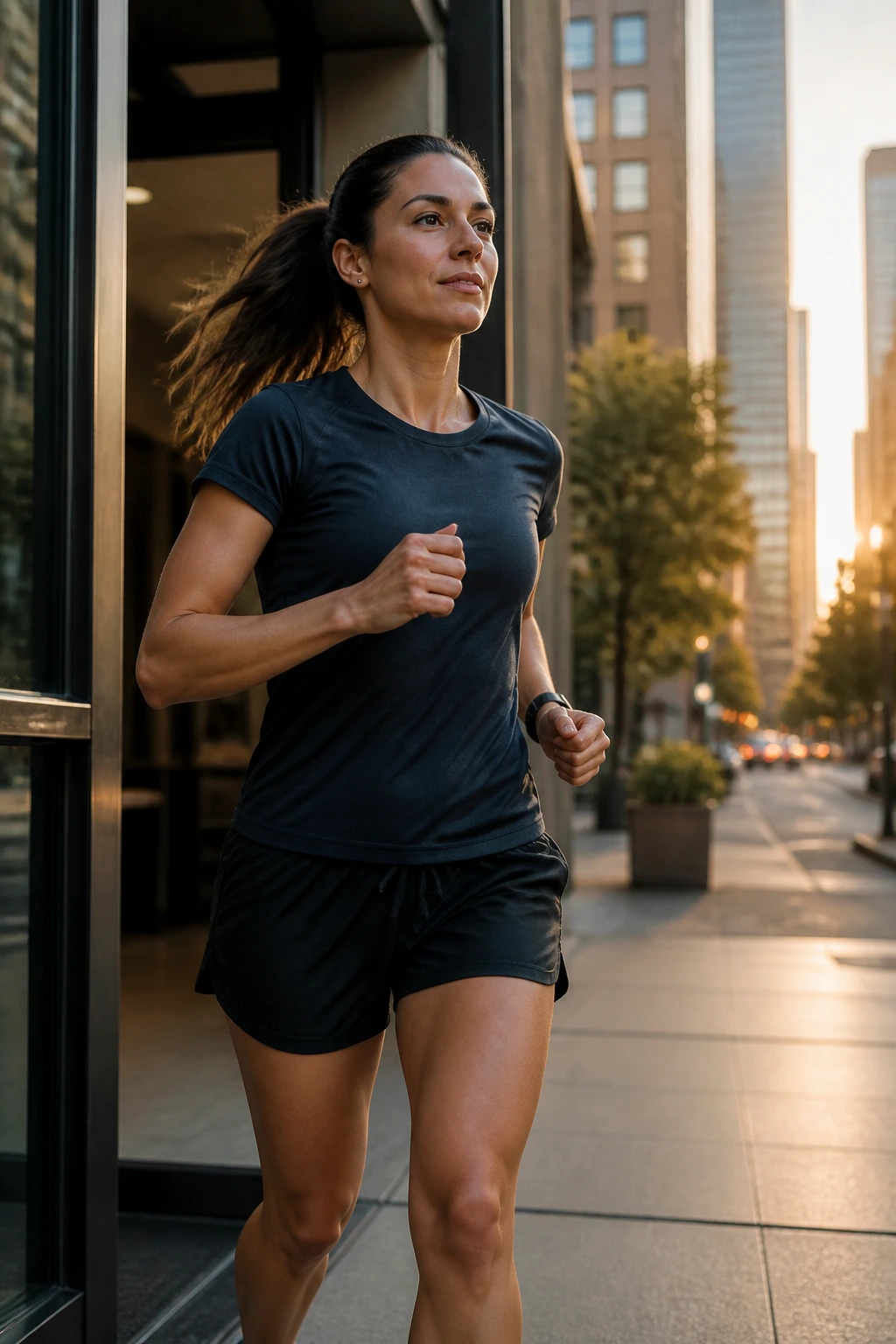 Person transitioning from work to a post-work jog in an urban setting