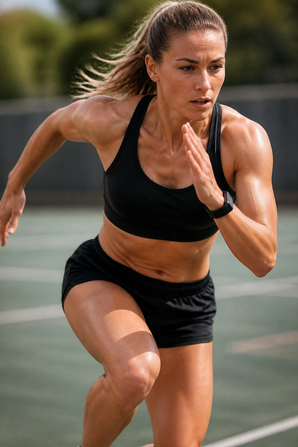 Close-up of female athlete in motion performing an agile lateral bound on an outdoor track