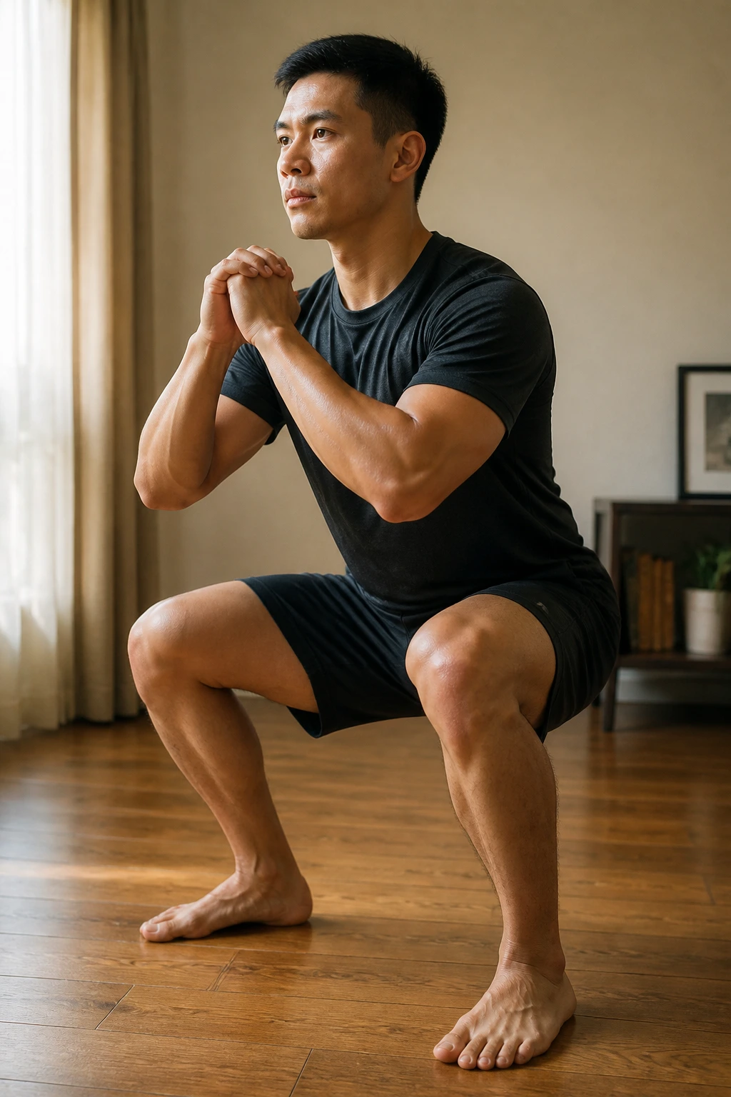 Medium close-up of a person performing a bodyweight air squat with hips back and knees over toes.