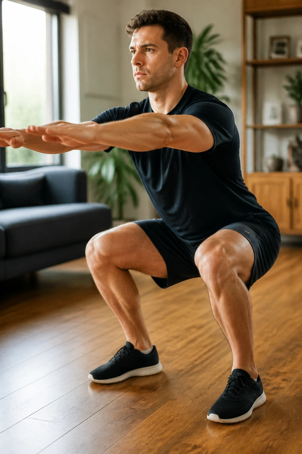 Close-up of a real person performing a standard air squat in a home setting