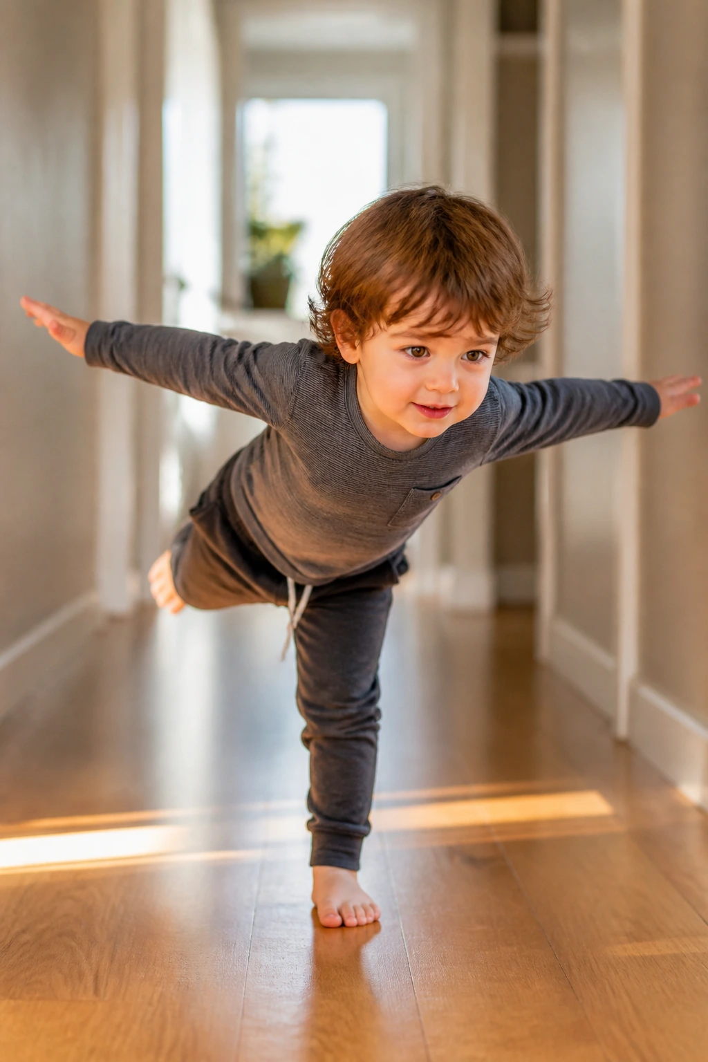 Toddler balancing in airplane pose during hallway walk.