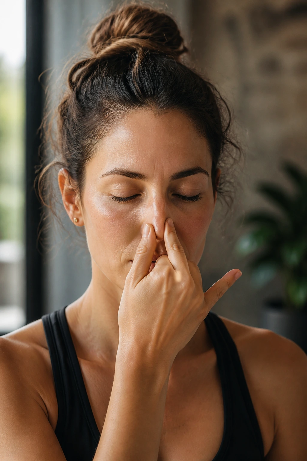 Close-up of person performing alternate nostril breathing with fingers at the nose