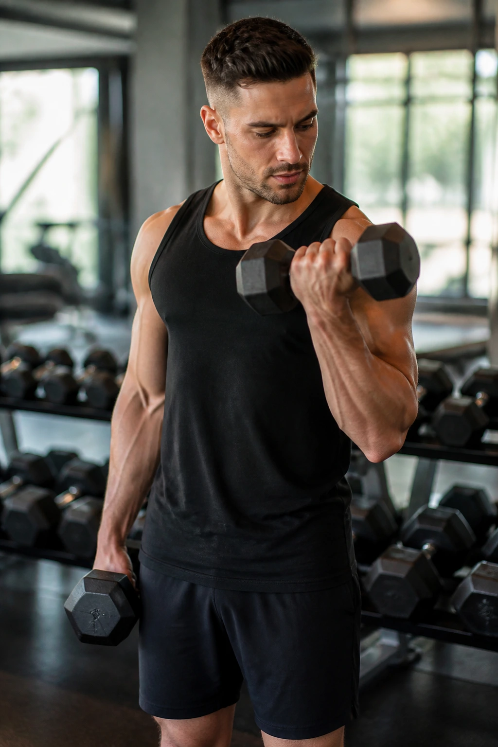 Close-up of alternating dumbbell curls showing controlled arm isolation