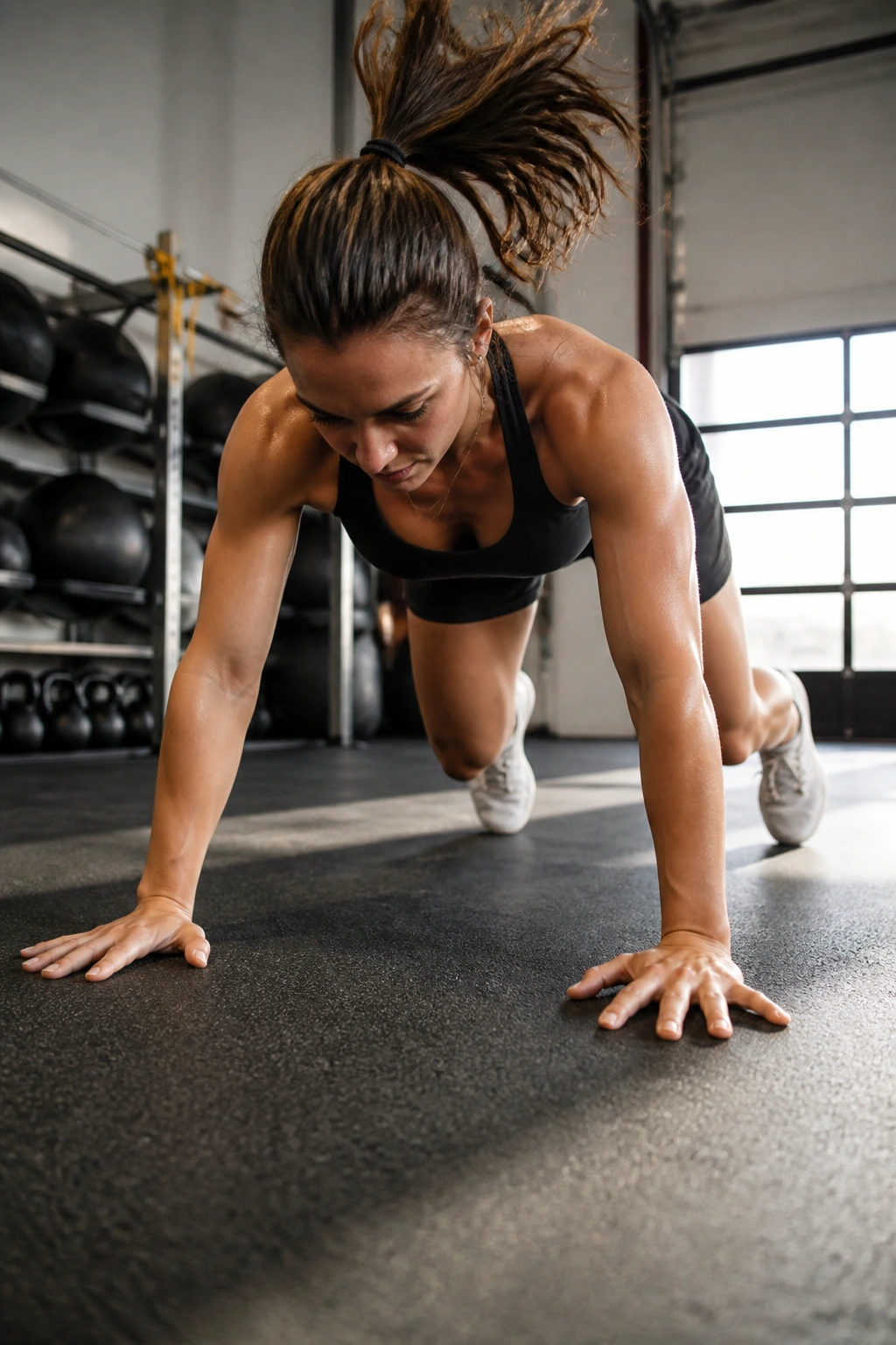 Athlete performing a burpee in gym for alternating intervals