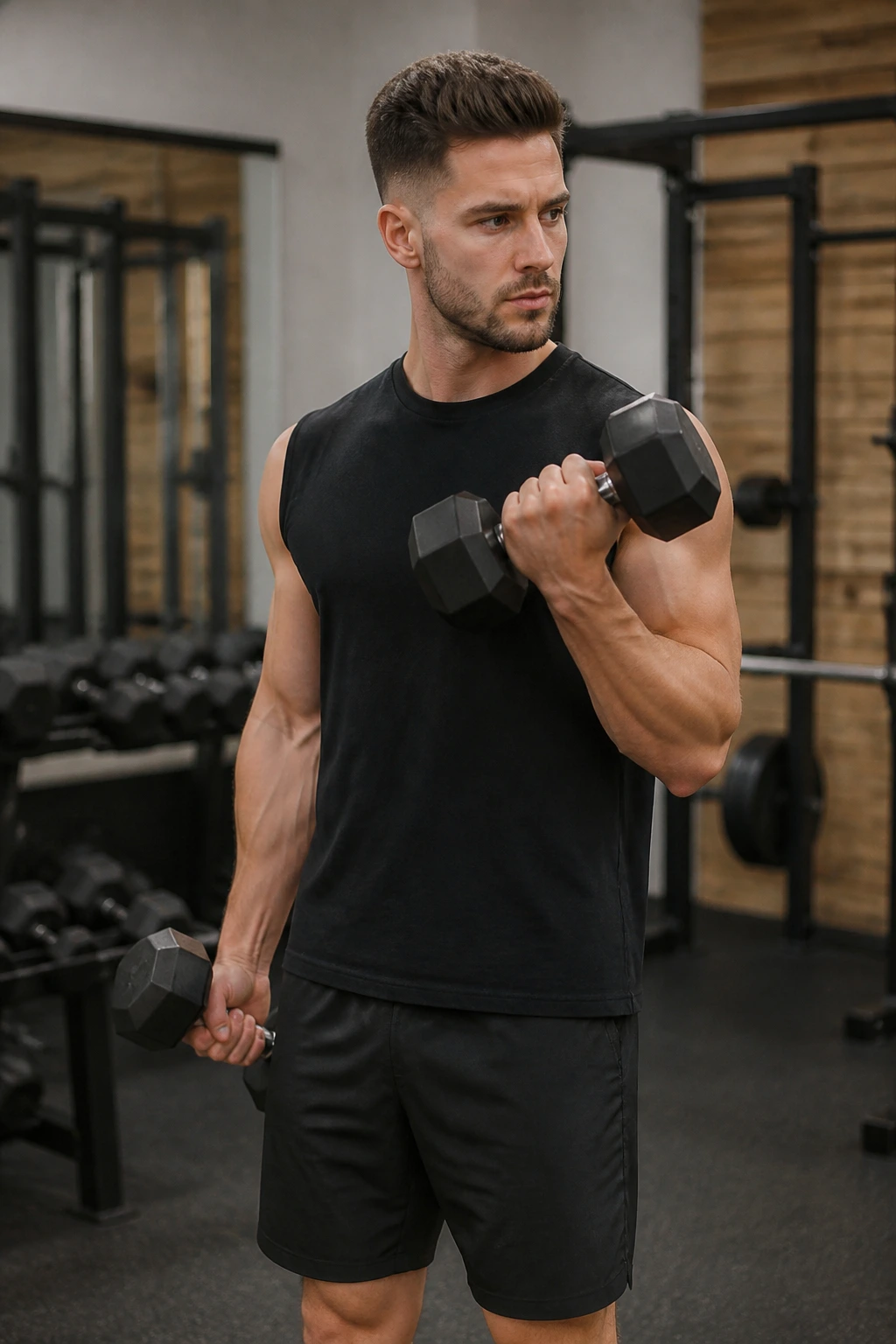 Mid-shot of a person performing alternating supinating curls with dumbbells