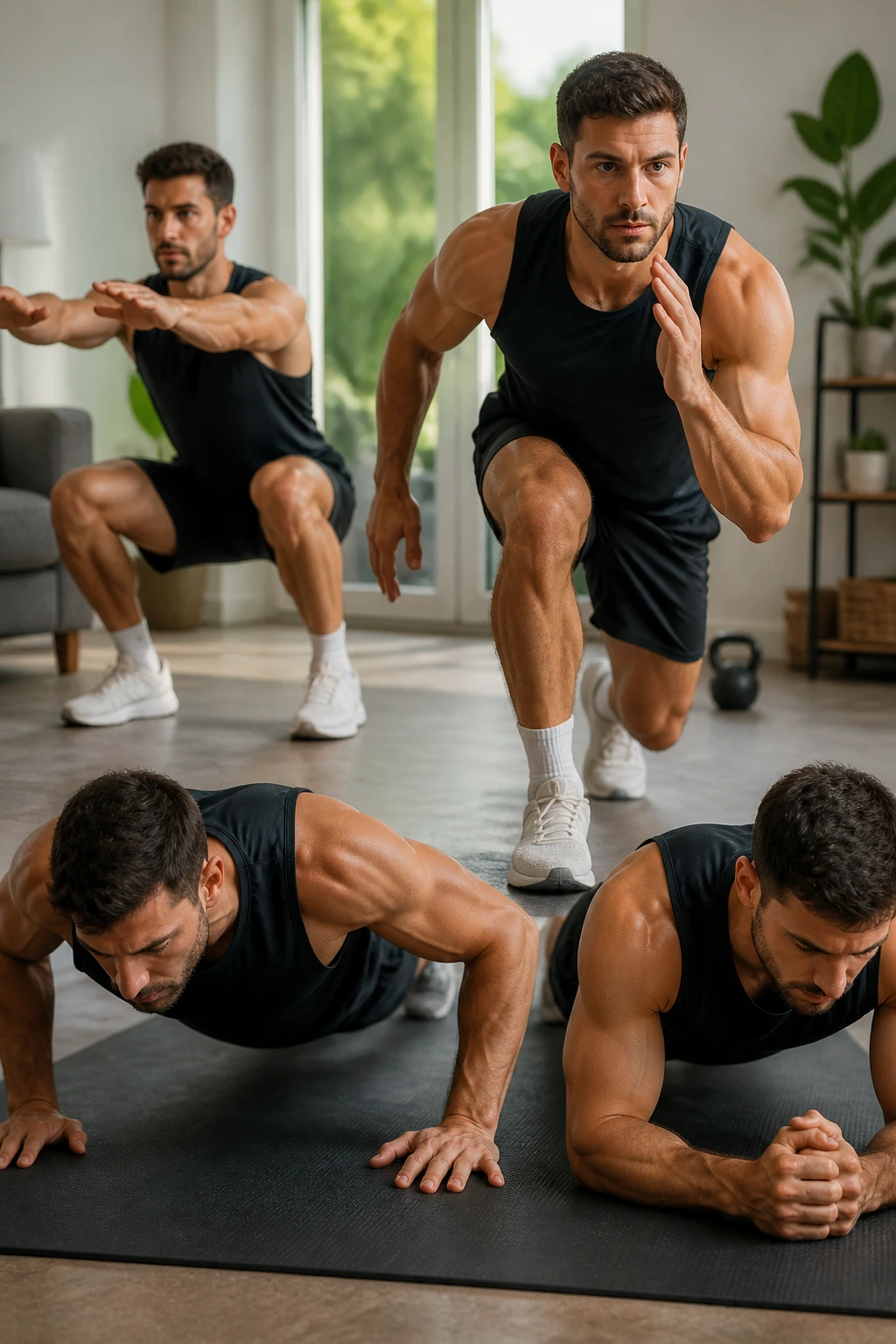 Close-up of a person in a dynamic AMRAP stance in a home gym.