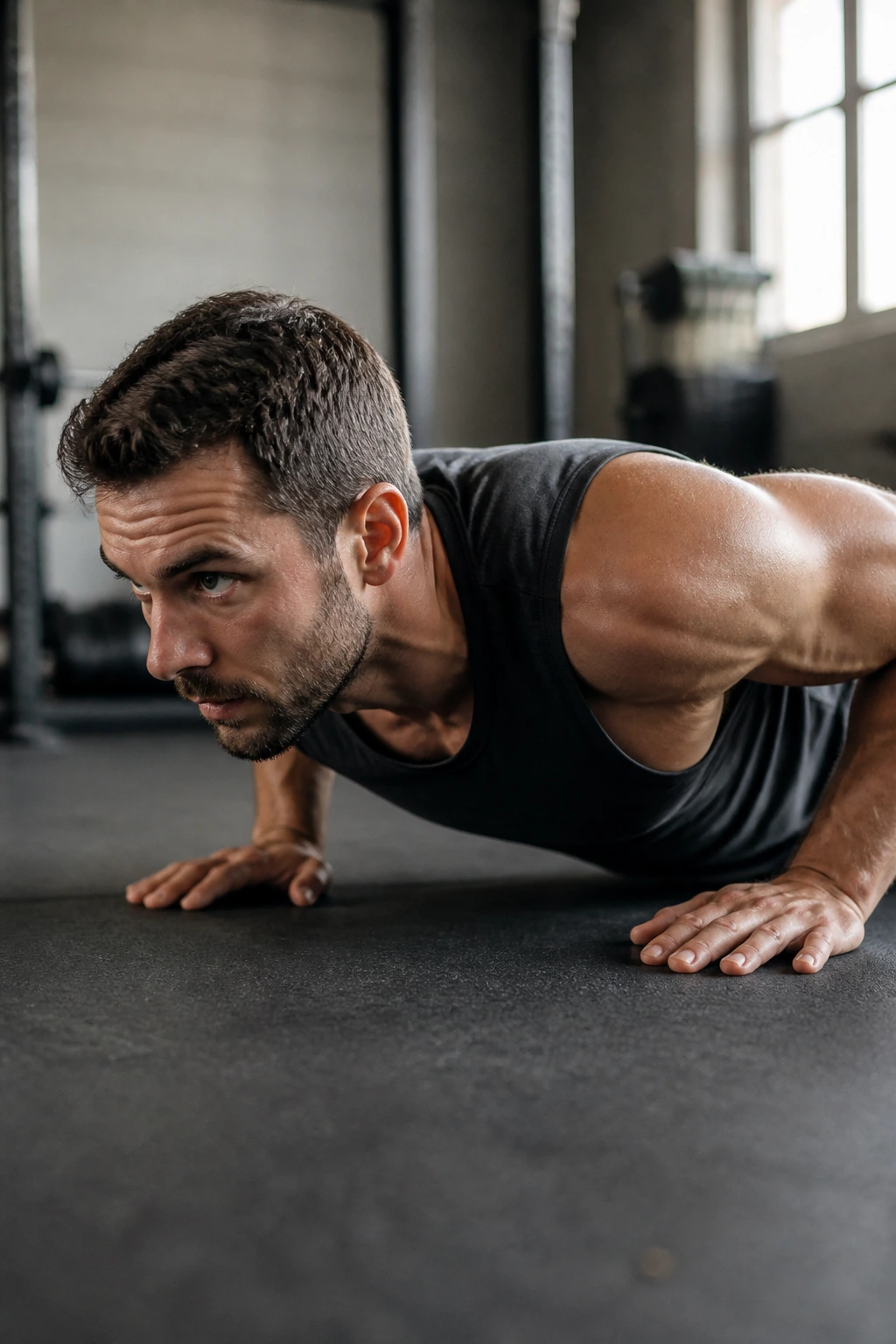 Medium close-up of a fit person performing a bodyweight push-up in a gym for an AMRAP benchmark