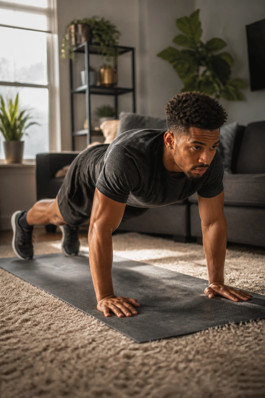 Medium-close portrait of a person performing a burpee on a living room mat