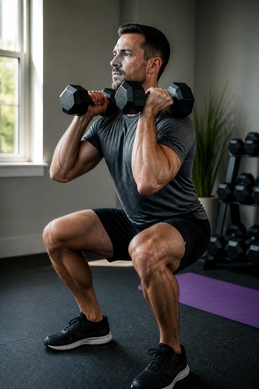 Real person performing a dumbbell front squat in a home gym for a 15-minute AMRAP