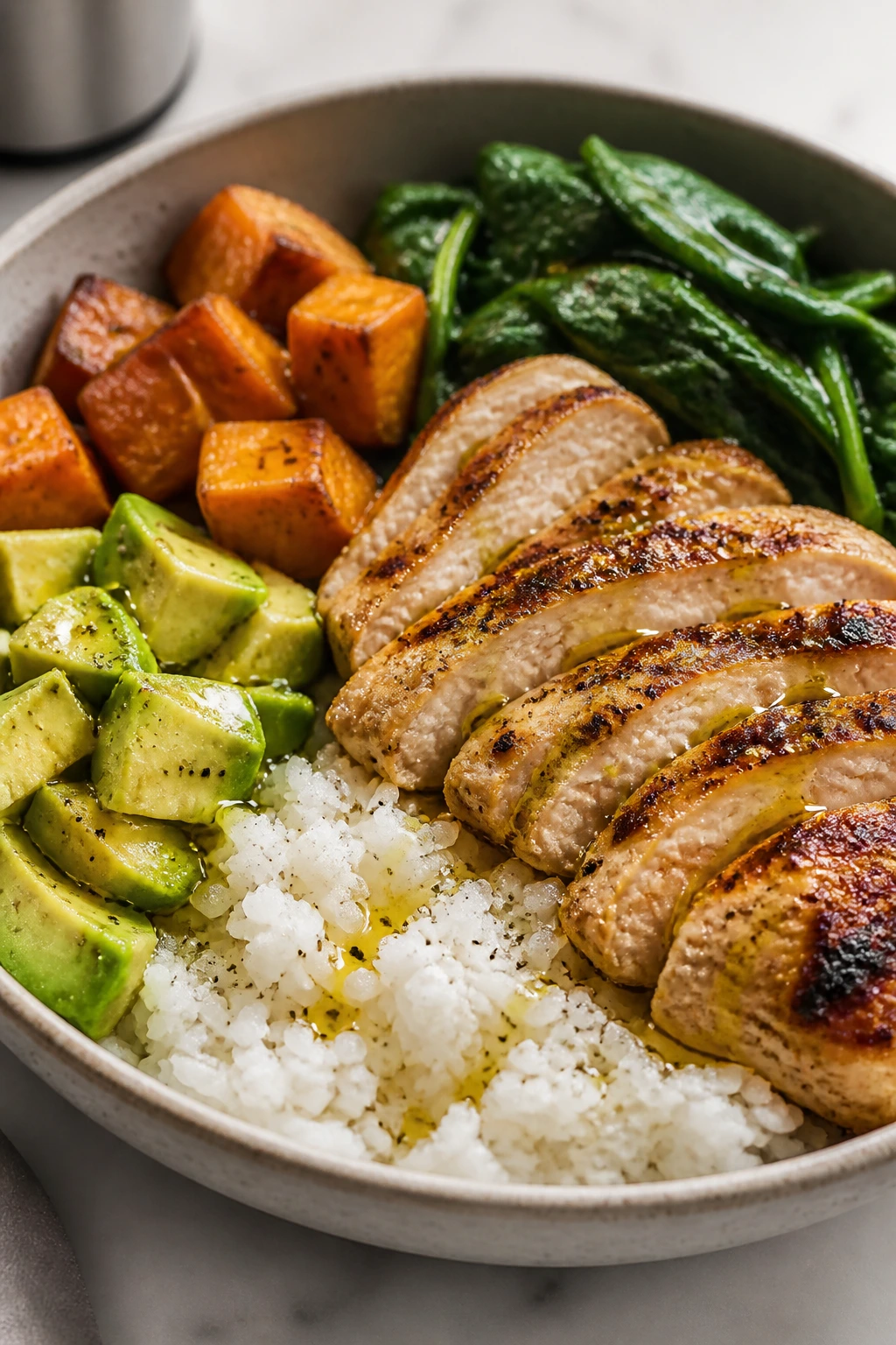 Plate of rice bowl with chicken and vegetables as a calorie anchor meal