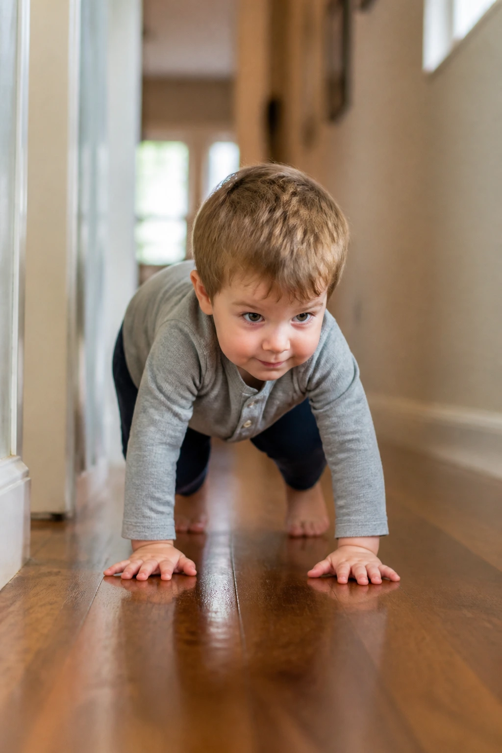 Close-up of a toddler bear crawling in a home hallway during an animal walk workout