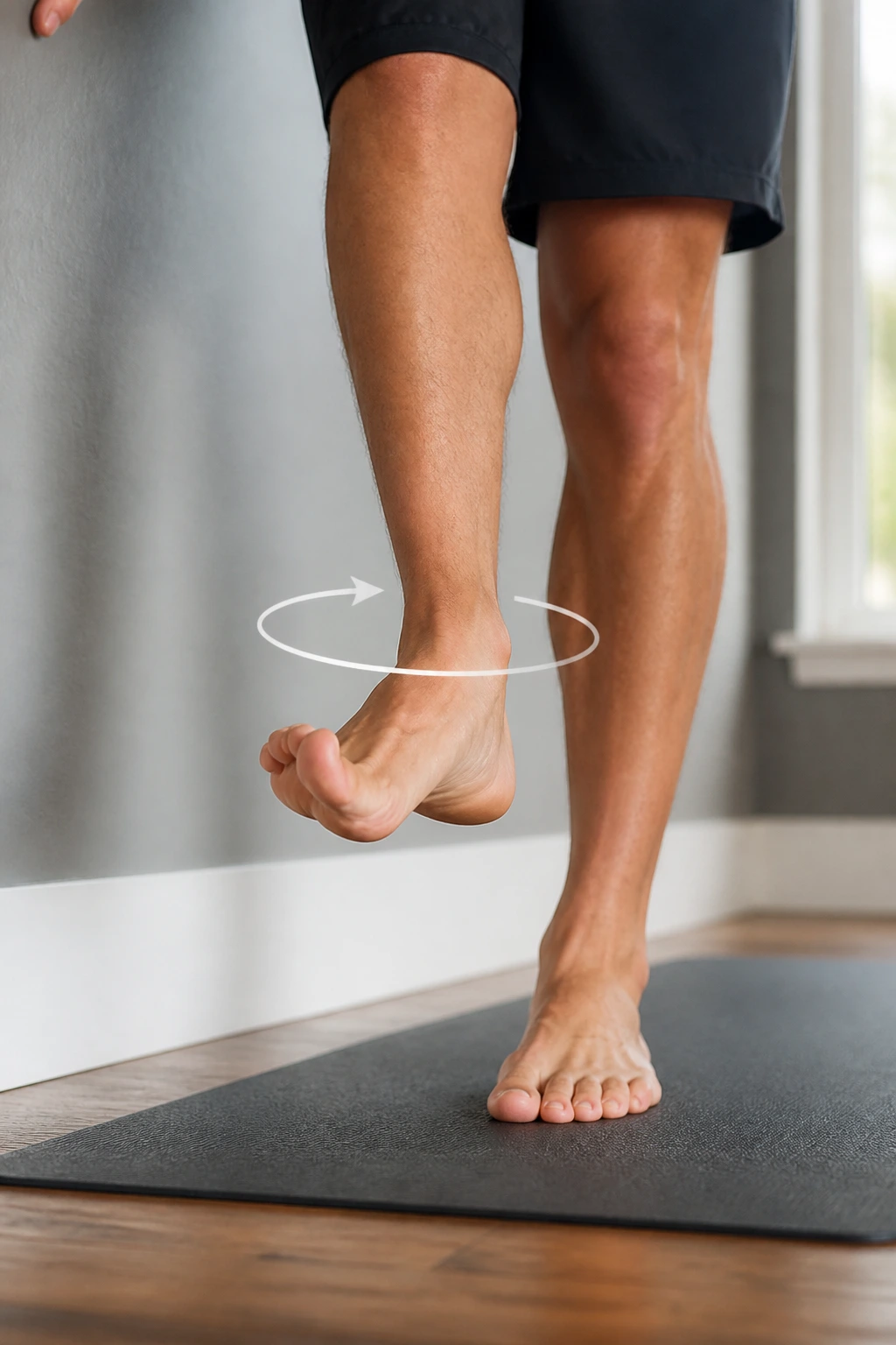 Lower-leg close-up of ankle circles on one leg in a bright indoor space.