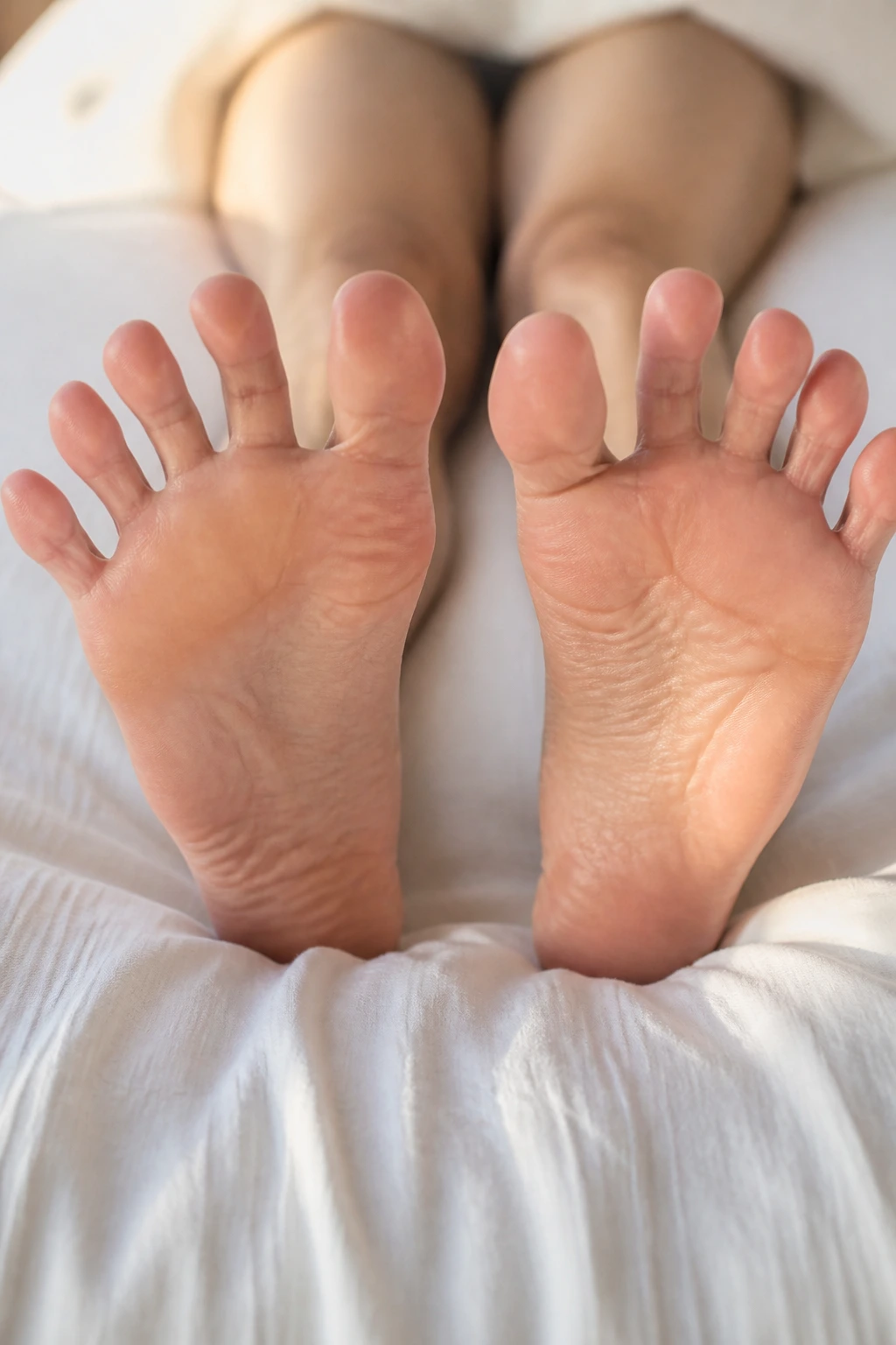 Close-up of ankles and feet performing ankle circles and toe spreads on a bed