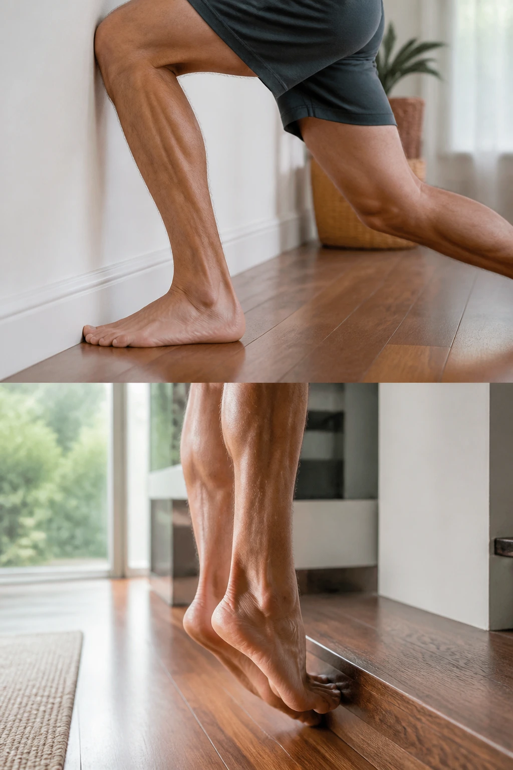 Detail of lower leg during ankle rocks near a wall with calf raise in bright home setting.