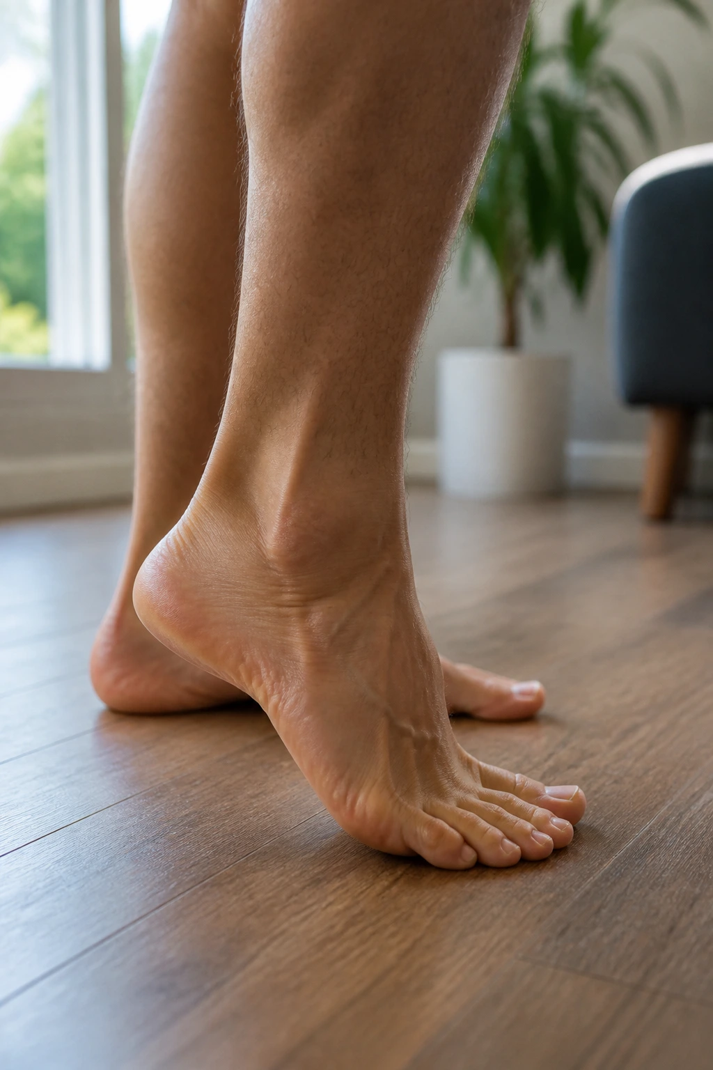 Feet and ankles performing ankle circles on wooden floor