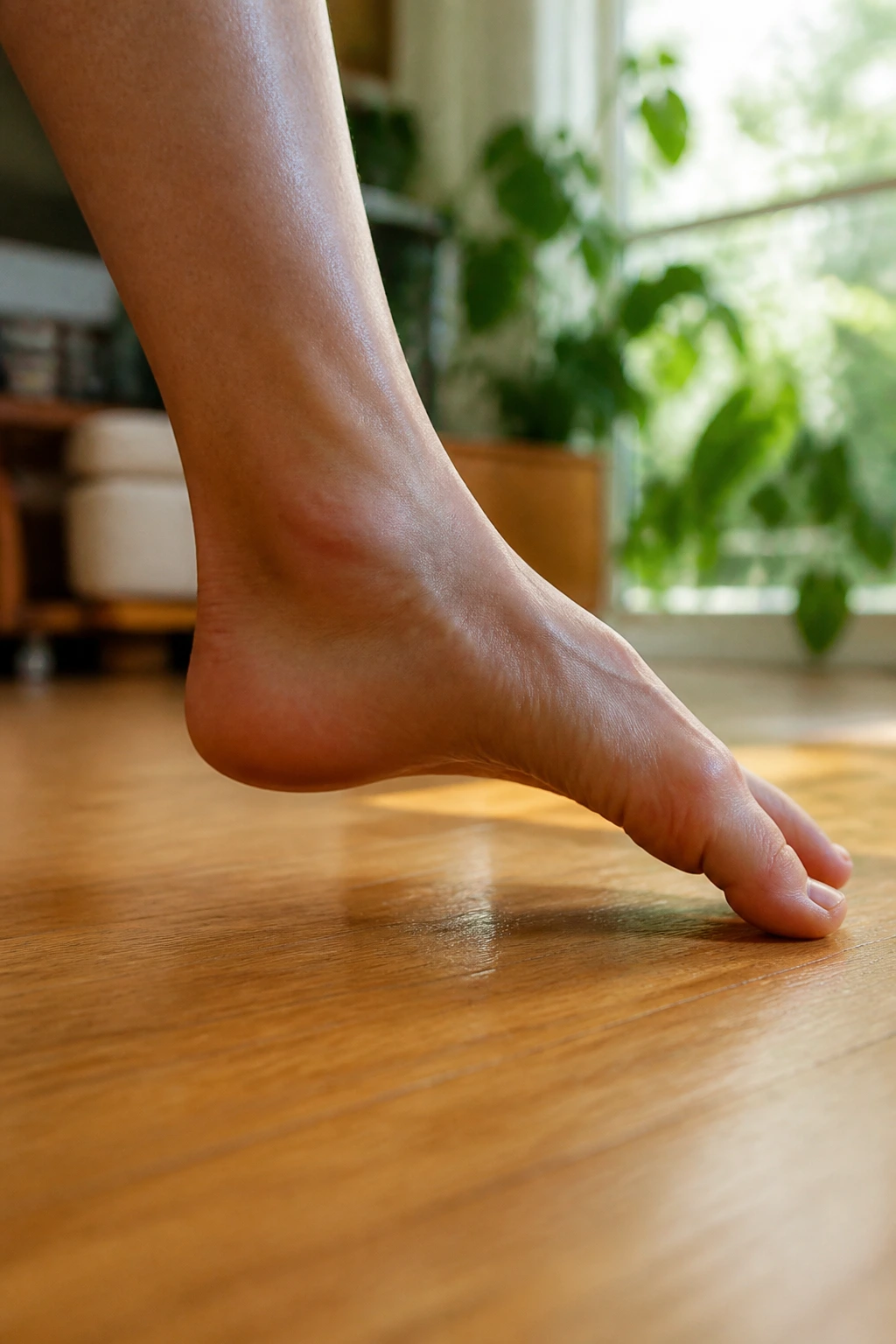 Bare foot performing ankle circles on wooden floor.