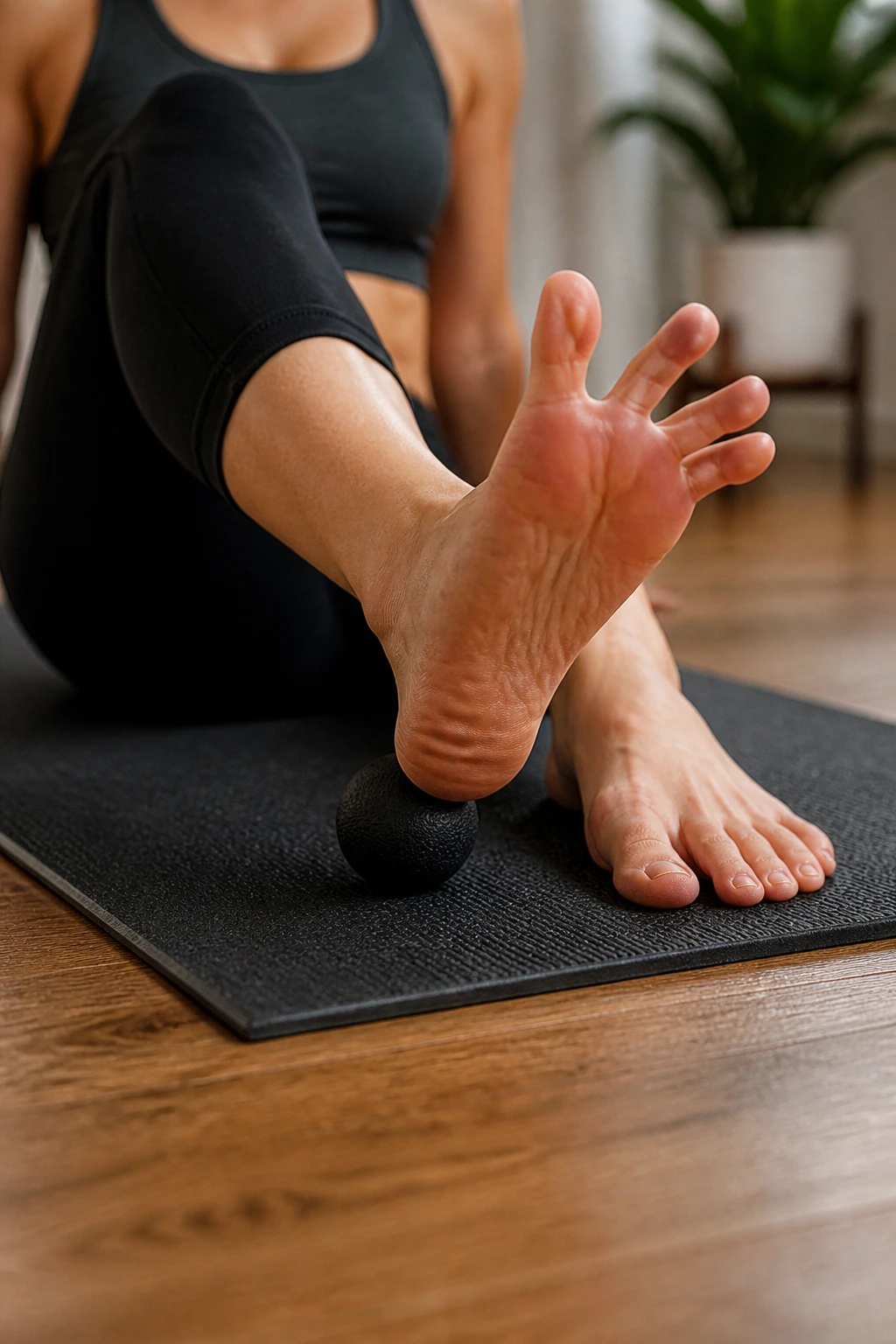 Close-up of foot performing ankle rolls and toe spreading on a mat