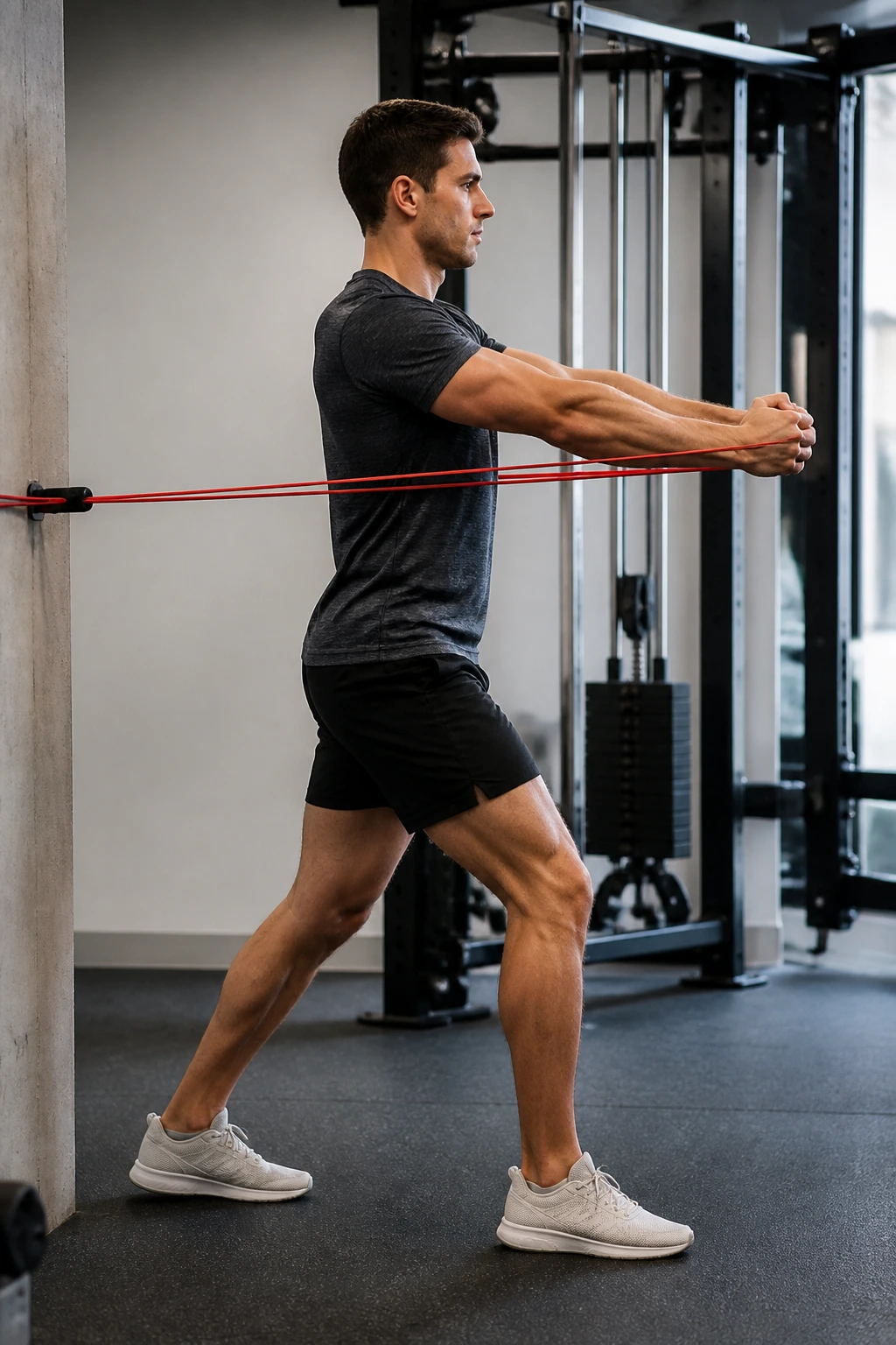 Person performing Pallof press with resistance band in gym
