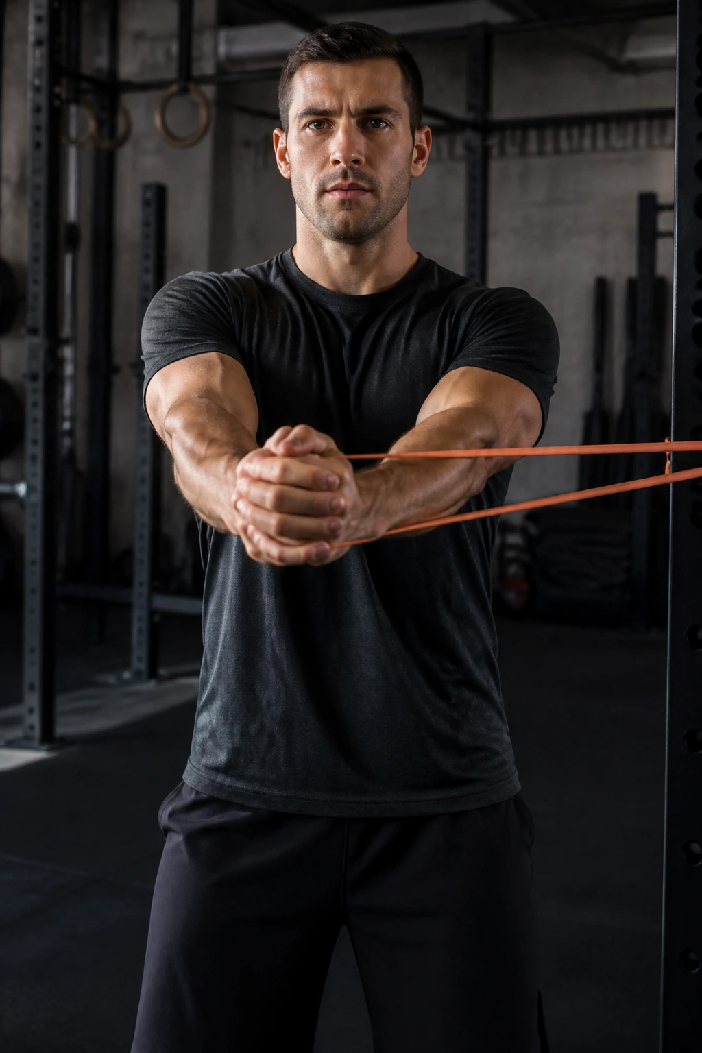 Close-up of a person performing Pallof press anti-rotation in a gym