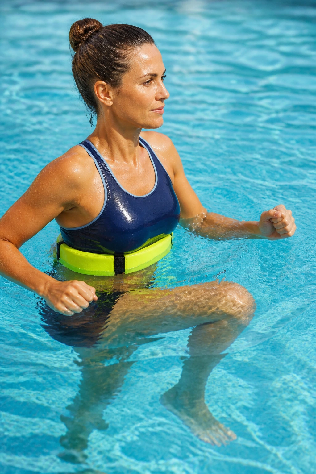 Close-up of a person aqua jogging in a pool wearing a flotation belt