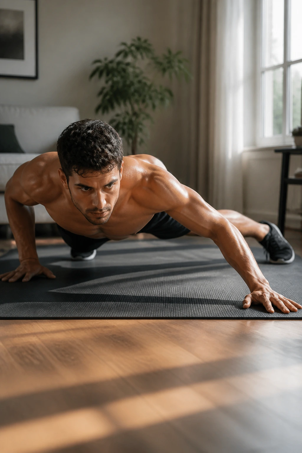 Portrait of a person doing Archer Push-Up on a mat at home