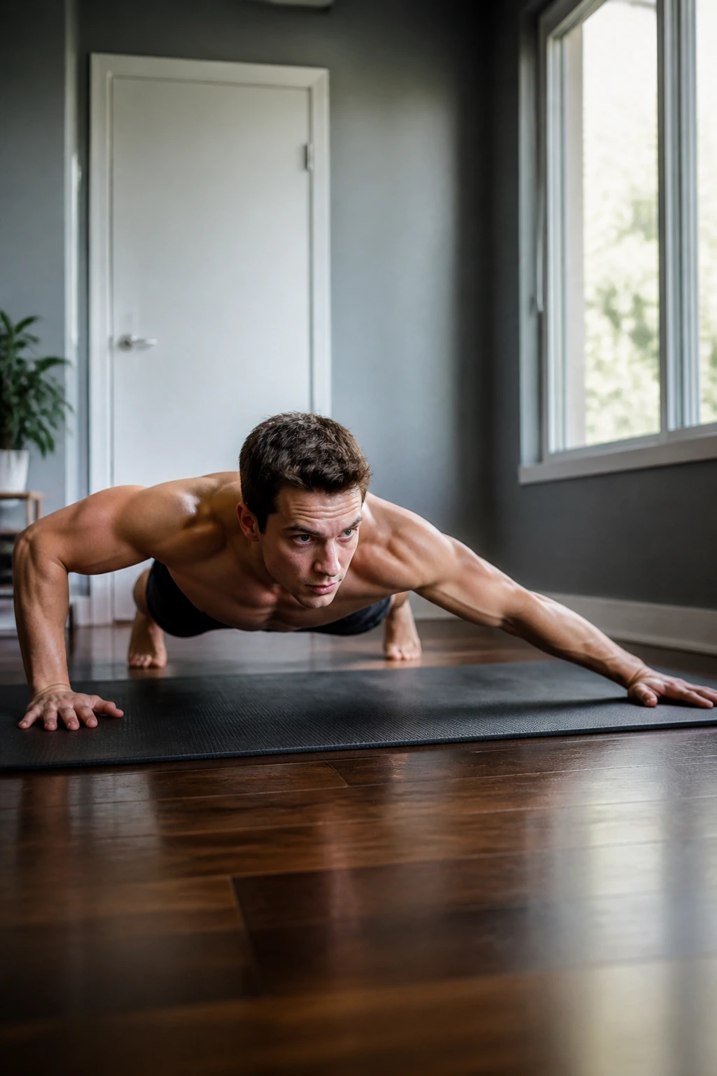 Person performing archer push-up on one side in a home gym