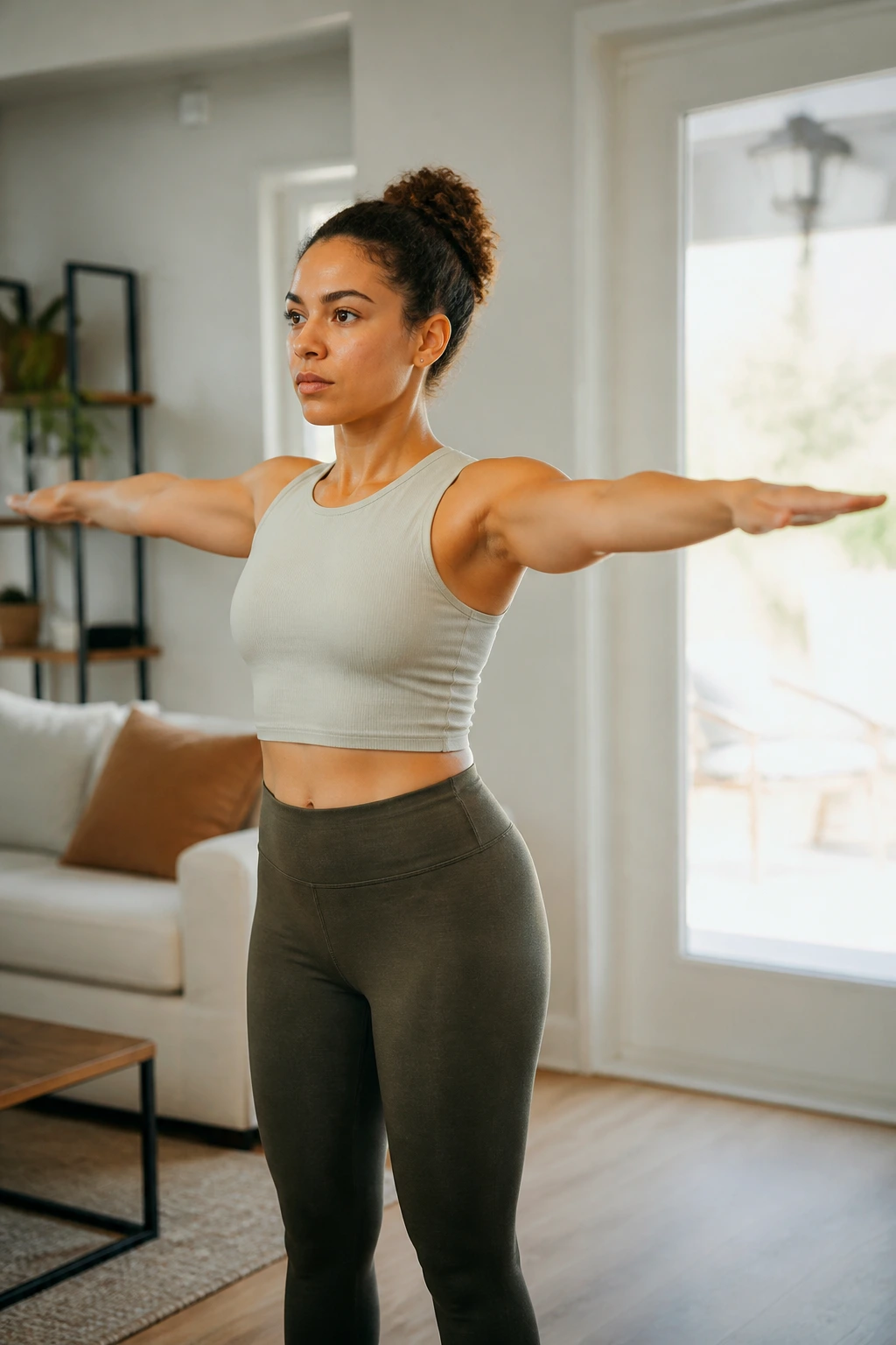 Person performing arm circles and shoulder pulses in a living room.