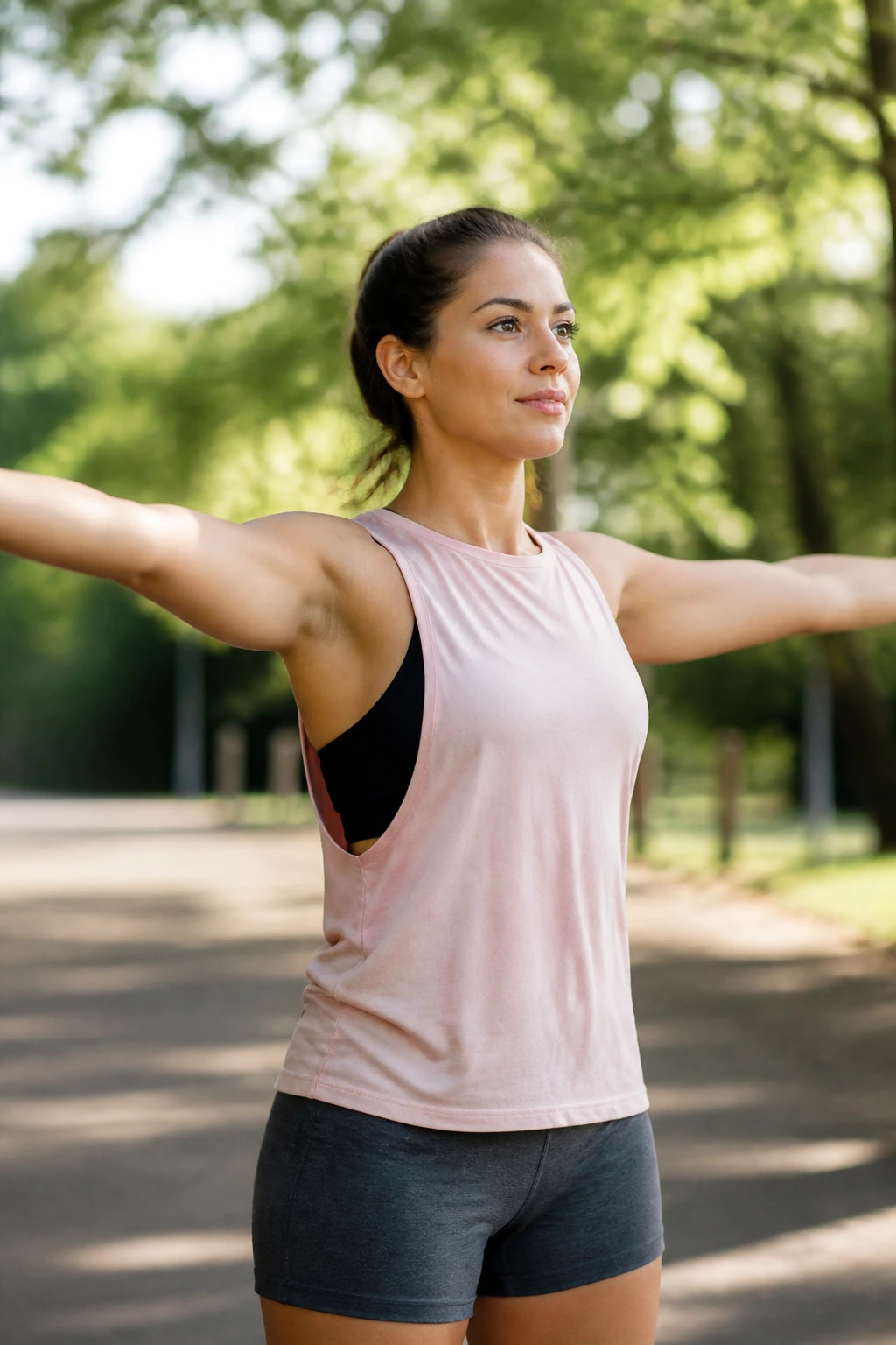 Real person performing arm circles in a park