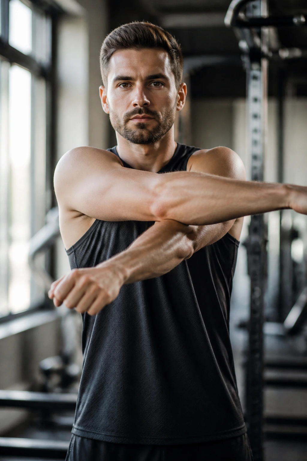 Front view of a person performing arm cross swings in a gym
