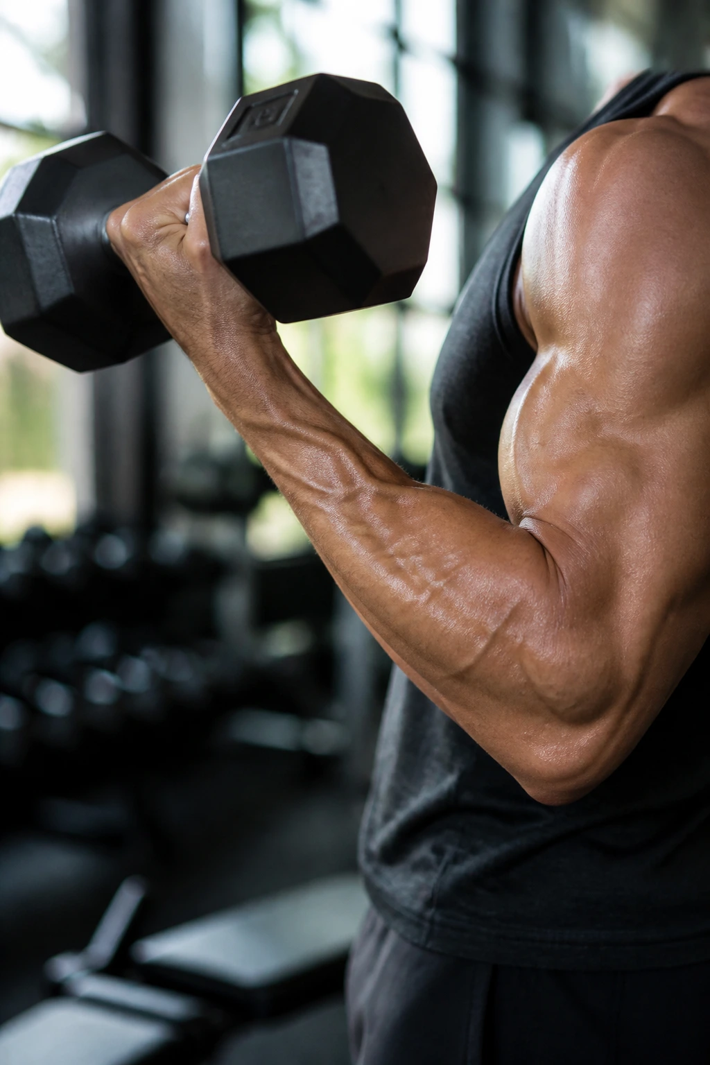Close-up forearm curling a dumbbell in a gym, depicting an arm-density circuit